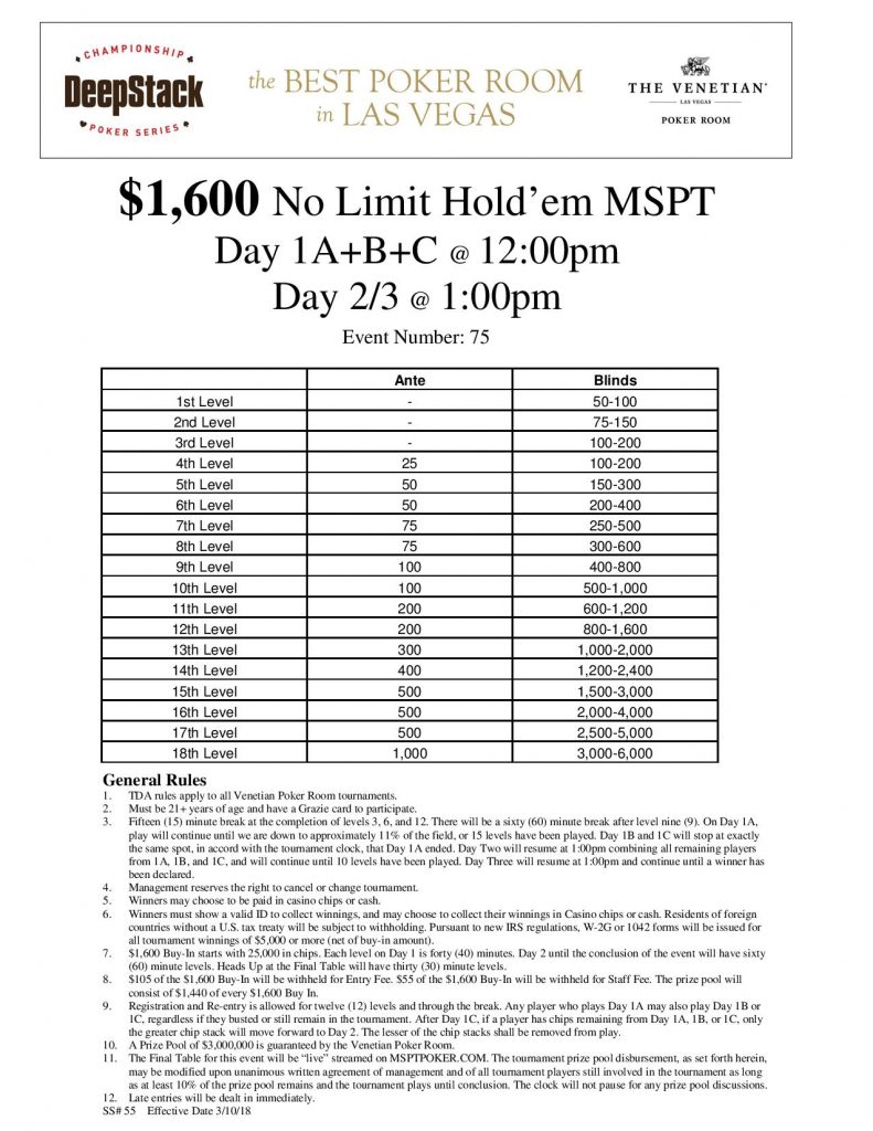 Event 75 1,600 No Limit Hold’em MidStates Poker Tour 3,000,000