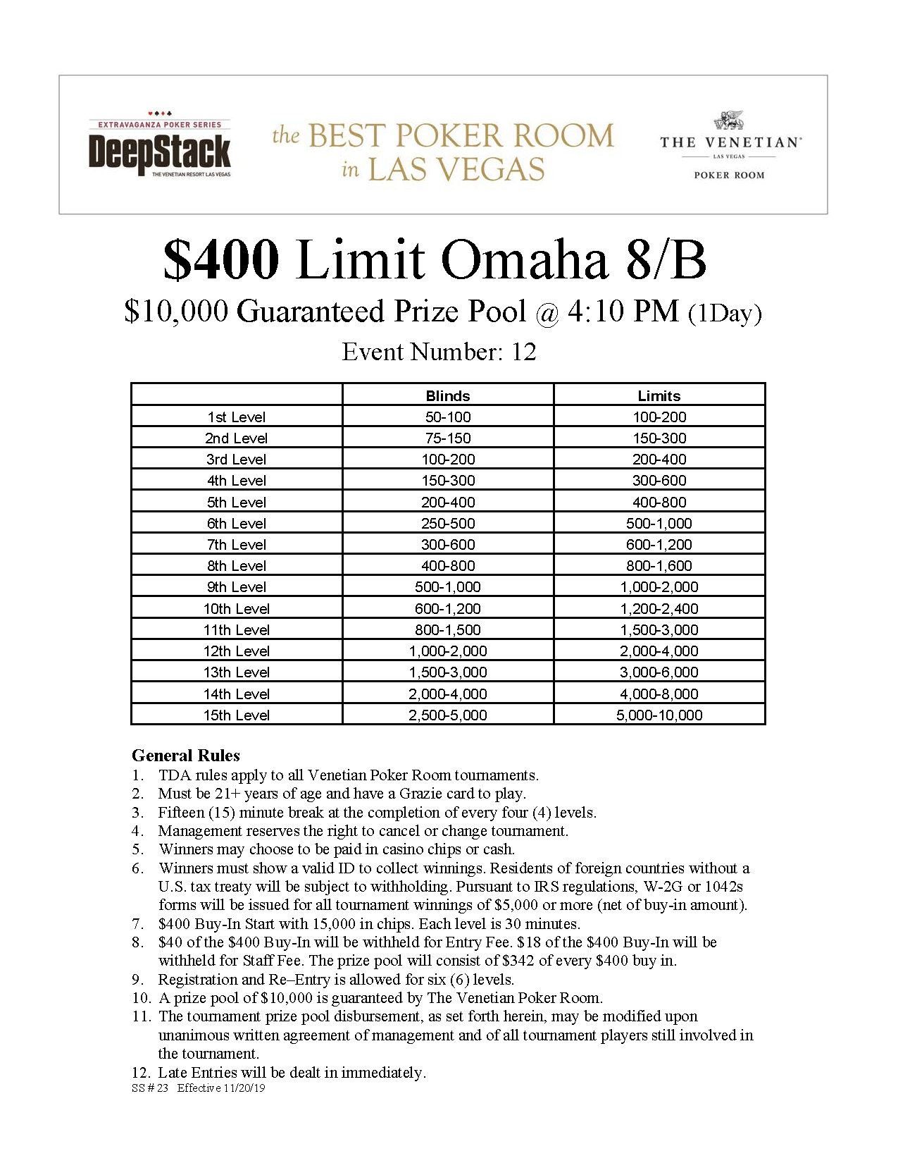 Deepstake Registration for DeepStack Extravaganza I Event #12 | Venetian Poker Room
